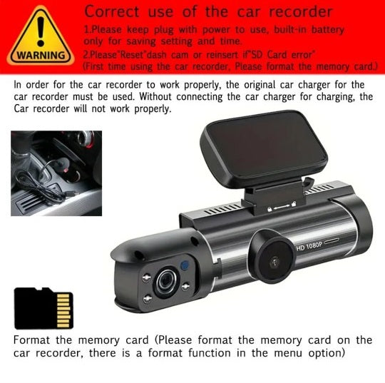 1080P Dual - Front and Interior 2 Channel Plug-N-Play Memory Card Included Dashcam